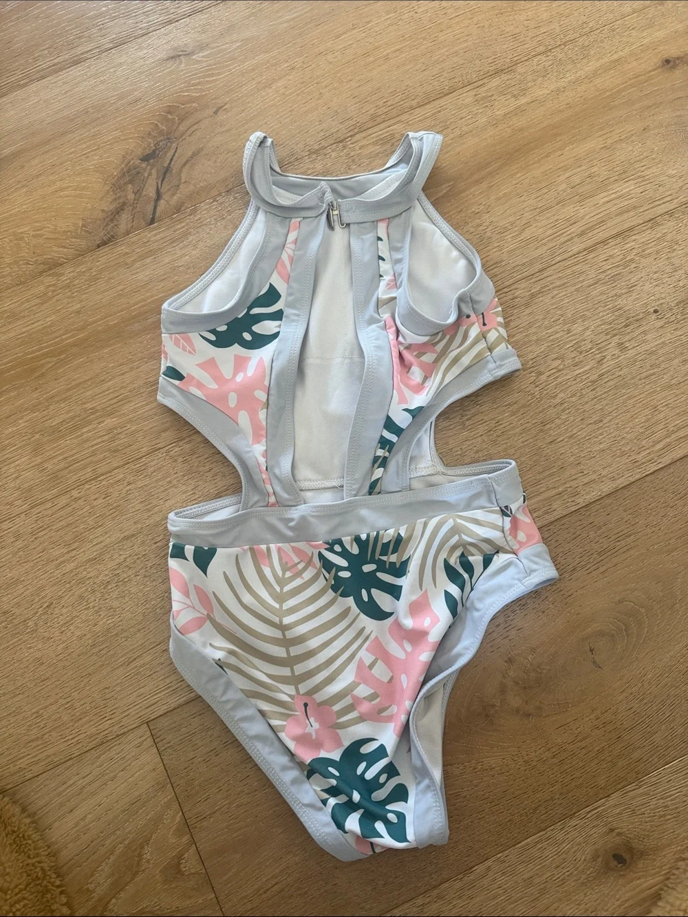 SHEIN Pink, Teal & Beige Tropical Cutout One-Piece Swimsuit for Kids